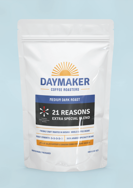Image of a package of Daymaker branded coffee.  "21 Reasons: Extra Special Blend"  